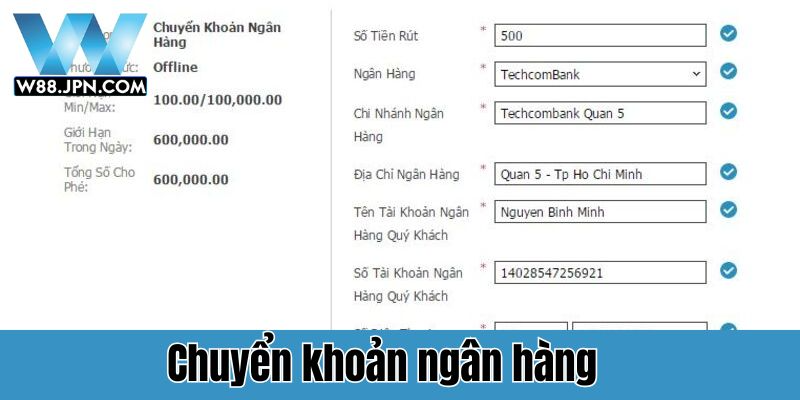 Rút tiền W88 qua ngân hàng